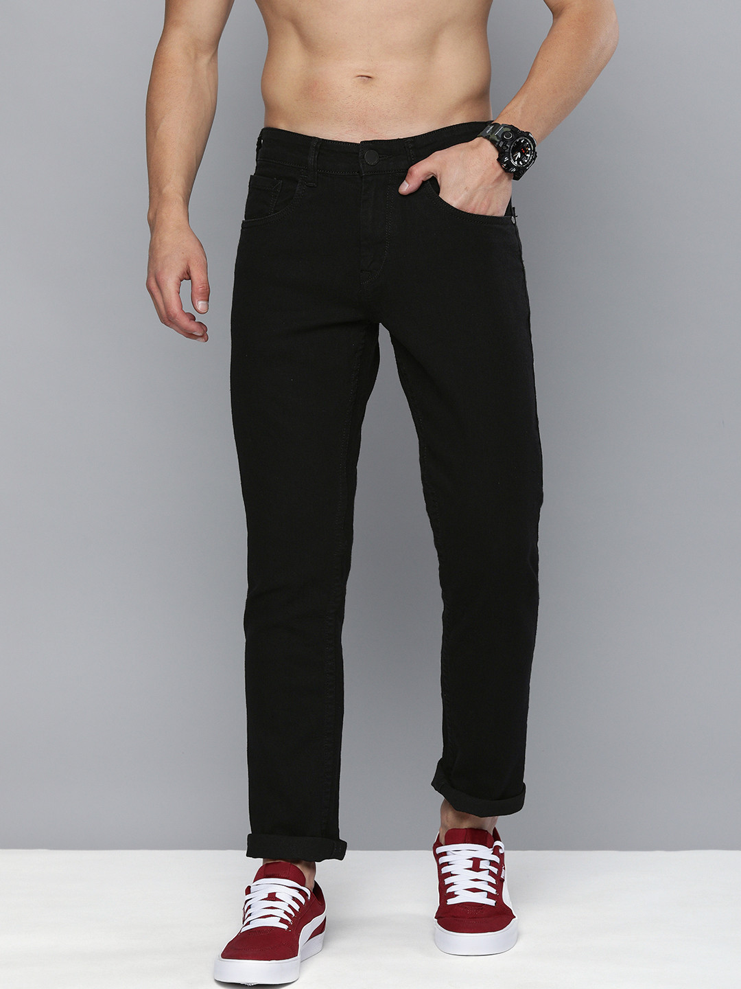 

HERE&NOW Men Black Regular Fit Clean Look Mid Rise Stretchable Jeans