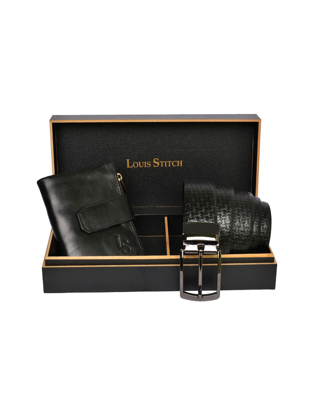 

LOUIS STITCH Men Black & Brown Genuine Italian Leather Accessory Gift Set