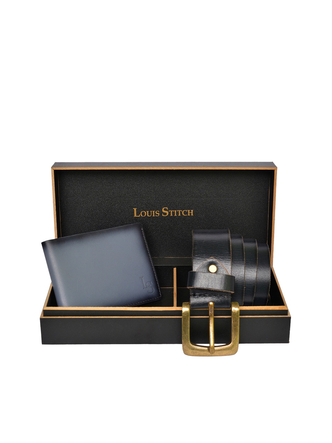 

LOUIS STITCH Men Grey & Navy Blue Solid Genuine Italian Leather Accessory Gift Set