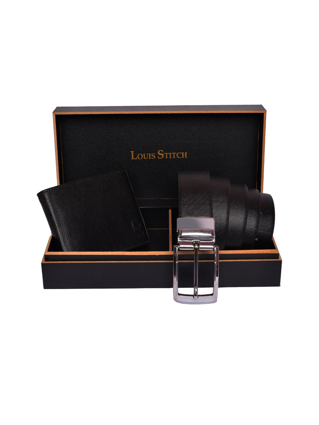 

LOUIS STITCH Men Black Textured Genuine Italian Leather Accessory Gift Set