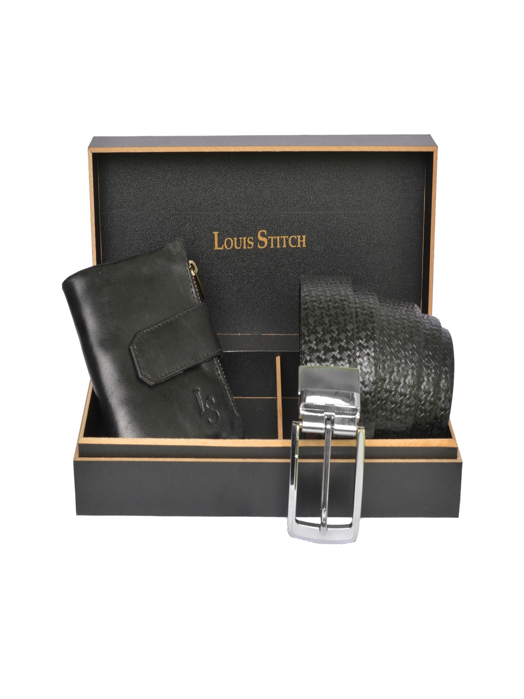 

LOUIS STITCH Men Black Genuine Italian Leather Accessory Gift Set