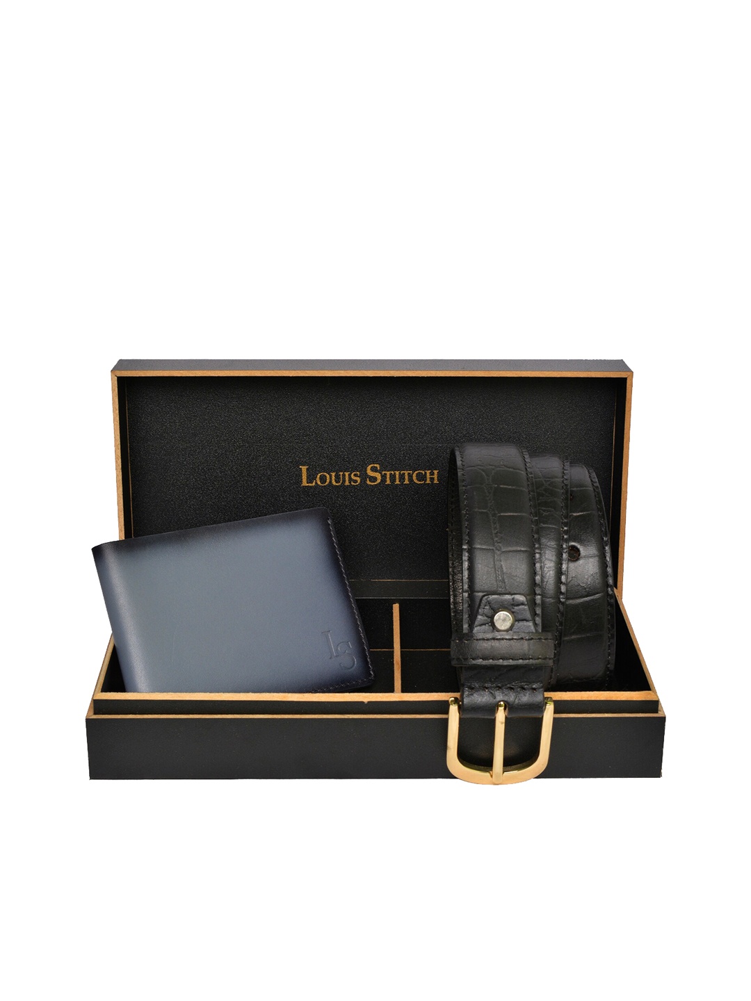 

LOUIS STITCH Men Grey & Black Genuine Leather Accessory Gift Set