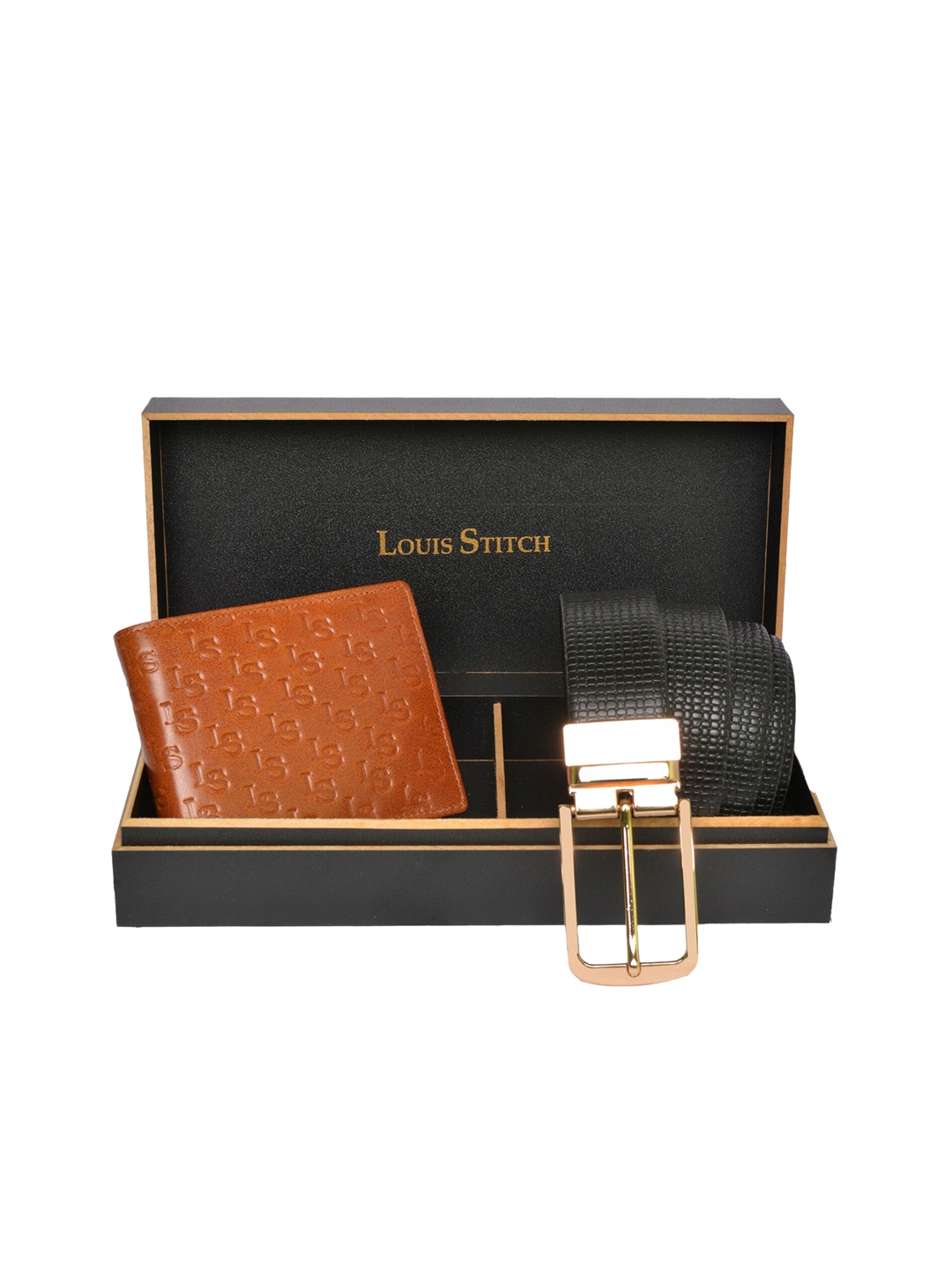 

LOUIS STITCH Men Tan Brown & Black Textured Genuine Leather Accessory Gift Set