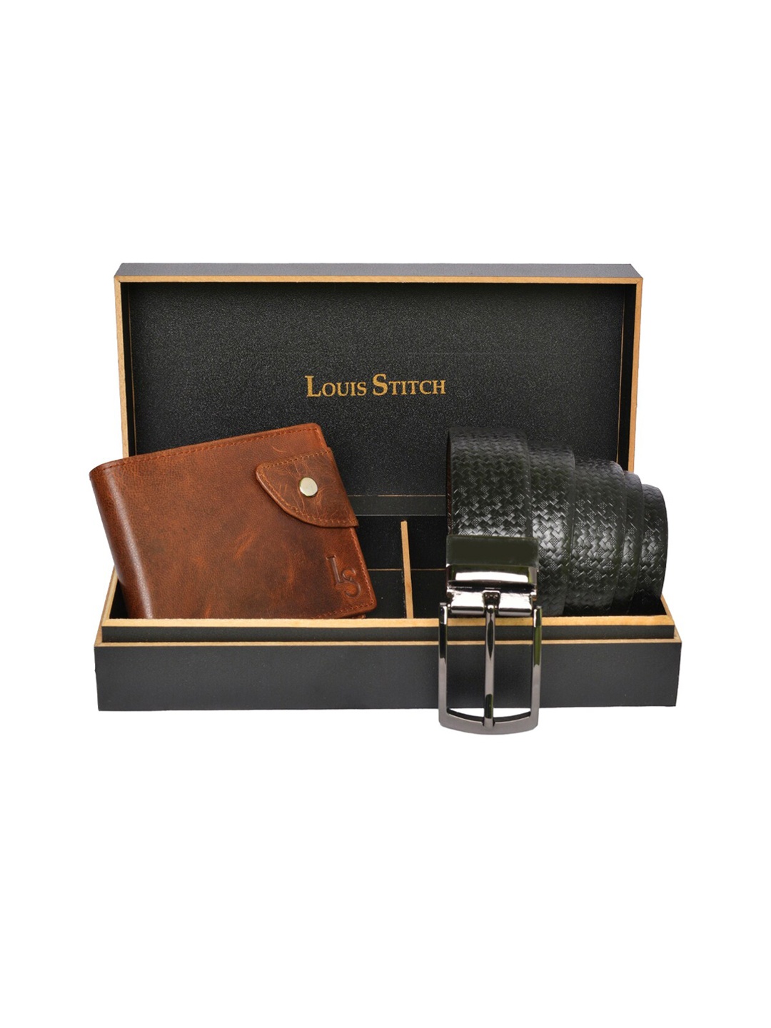 

LOUIS STITCH Men Brown & Black Textured Genuine Leather Accessory Gift Set