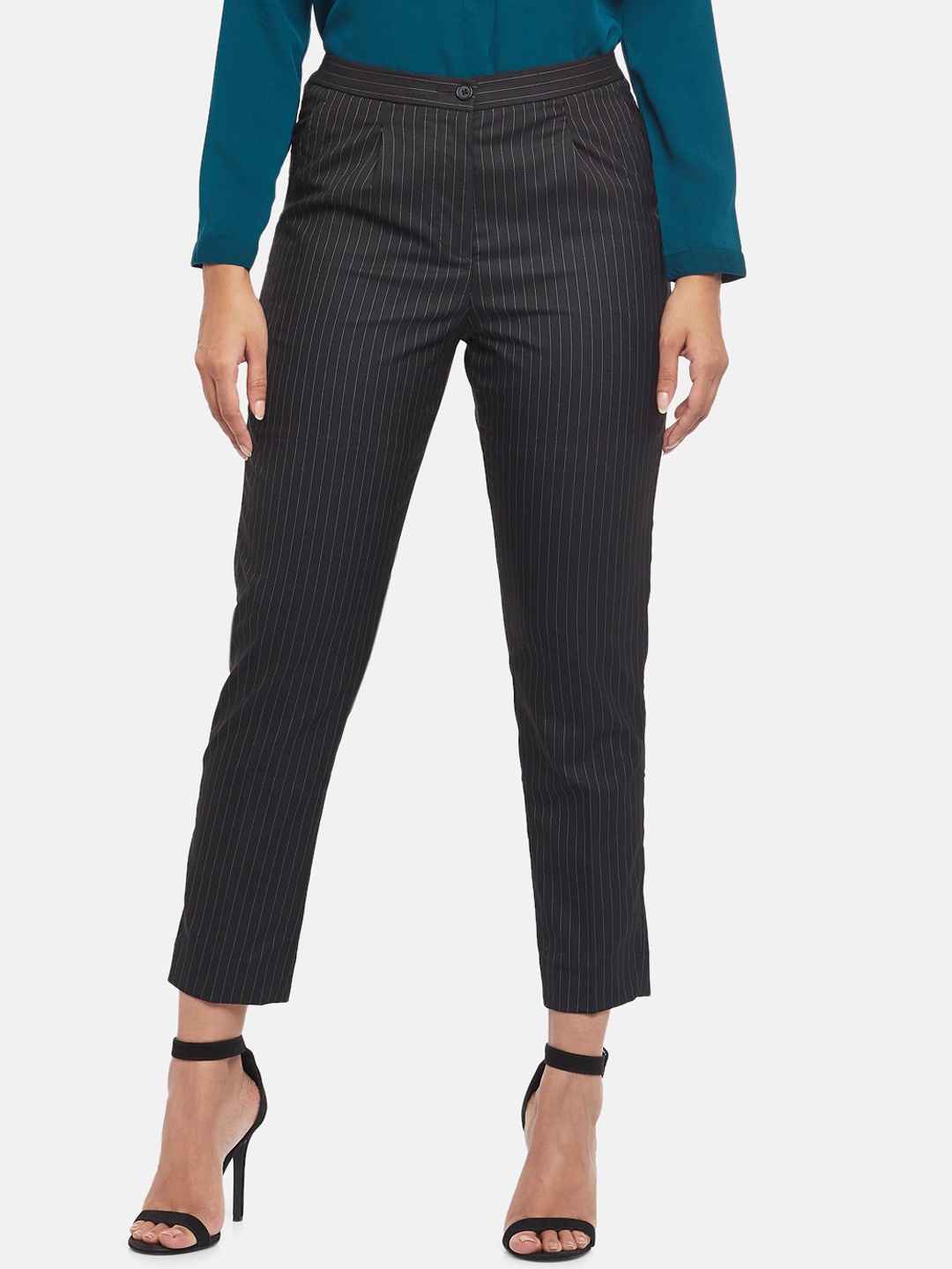 

Annabelle by Pantaloons Women Black Striped Formal Trousers