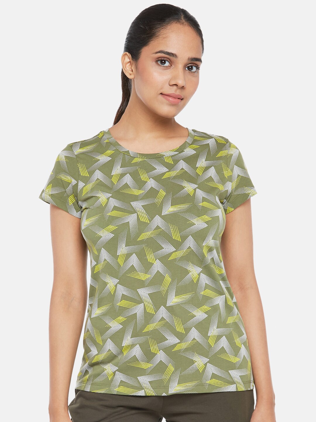 

Ajile by Pantaloons Women Olive Green Floral Printed Raw Edge T-shirt