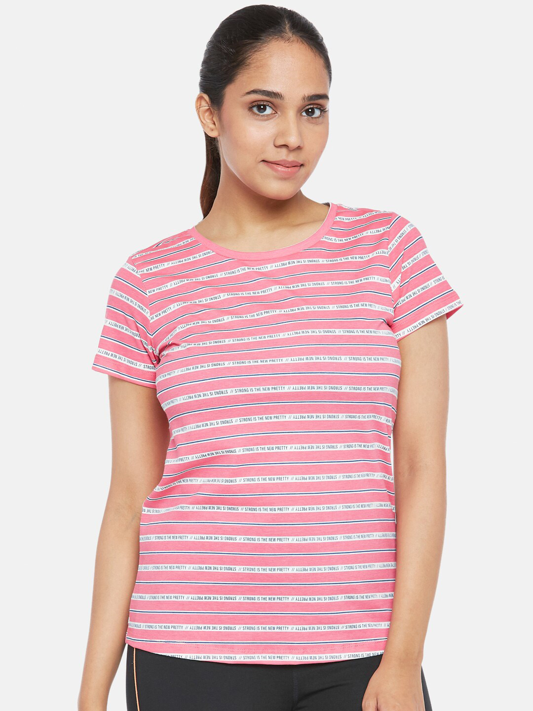 

Ajile by Pantaloons Women Pink White Striped Pure Cotton T-shirt