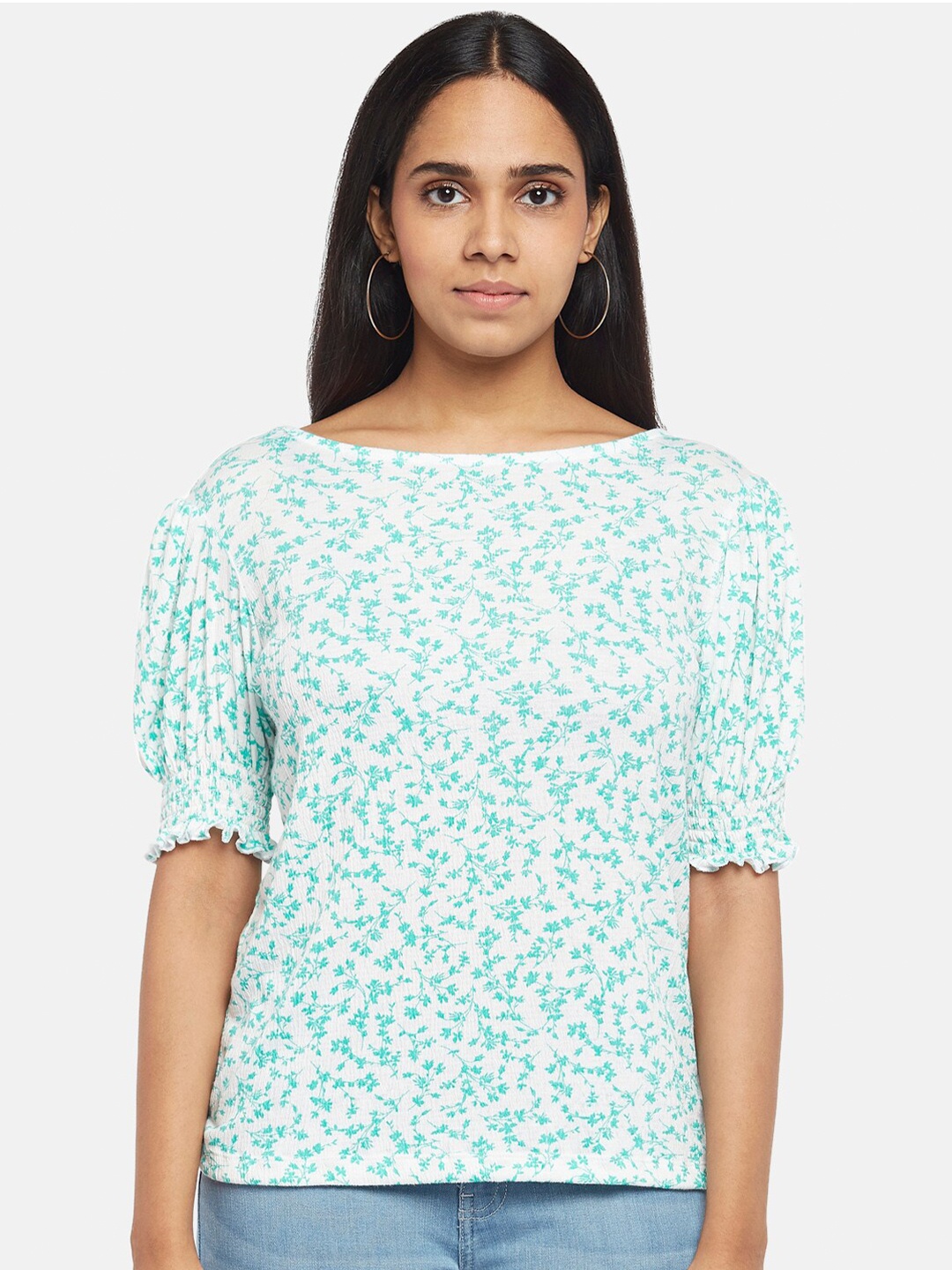 

Honey by Pantaloons Women White & Blue Floral Printed Puff Sleeves T-shirt