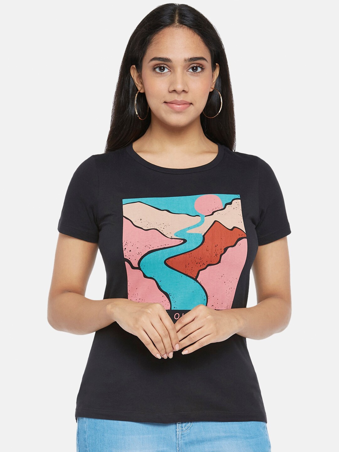 

Honey by Pantaloons Women Black Printed Drop-Shoulder Sleeves T-shirt