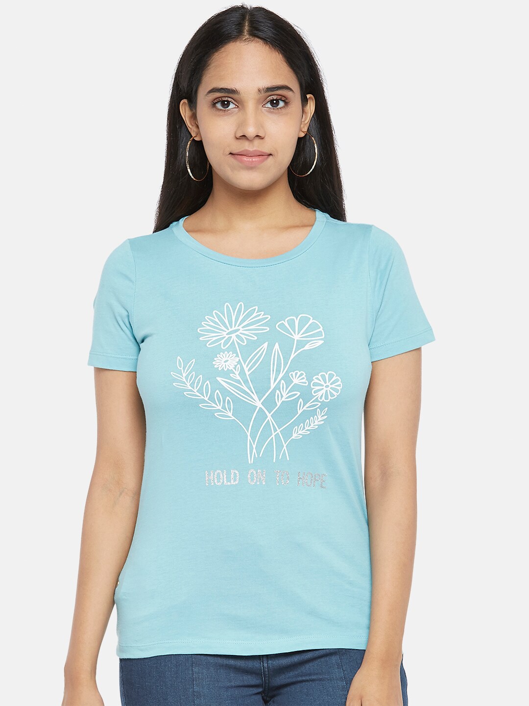 

Honey by Pantaloons Women Blue Printed Pure Cotton T-shirt
