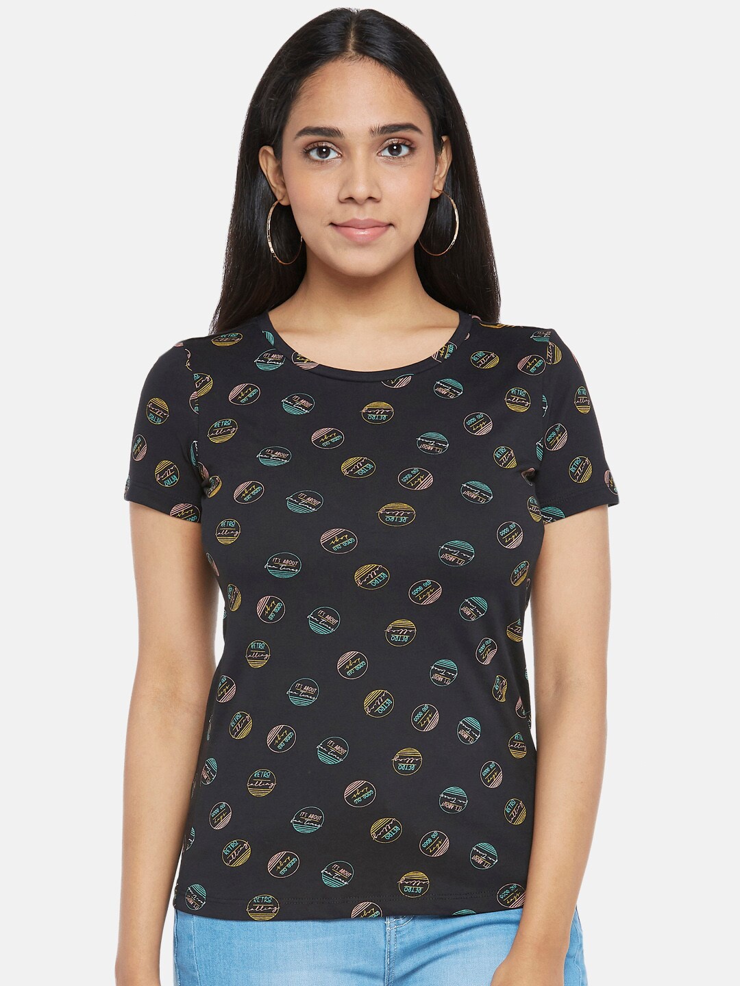 

Honey by Pantaloons Women Black Printed Cotton Pure Cotton T-shirt