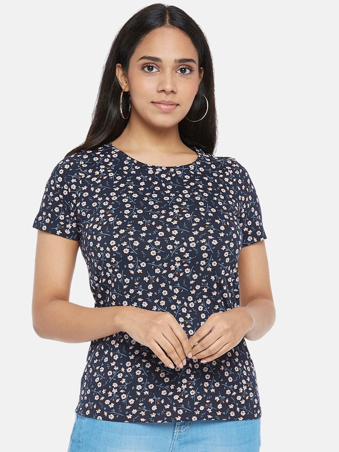

Honey by Pantaloons Women Navy Blue White Floral Printed Pure Cotton T-shirt
