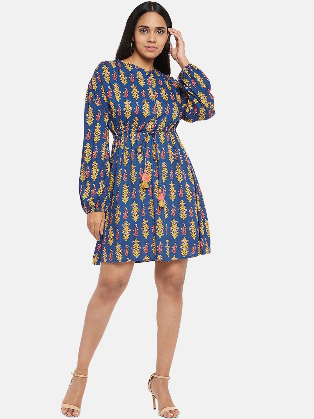 

People Women Blue & Yellow Ethnic Motifs Printed Dress
