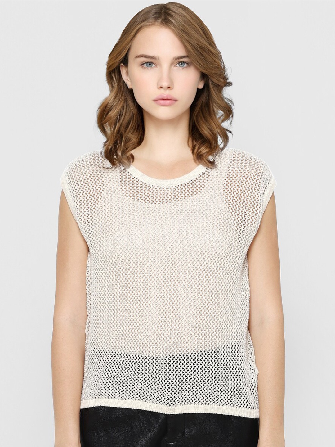 

ONLY Women Beige Self Design Regular Top