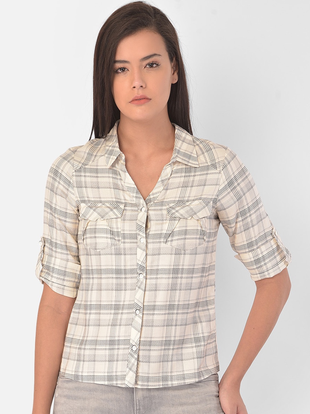 

Latin Quarters Women Cream-Coloured Tartan Checks Opaque Checked Casual Shirt