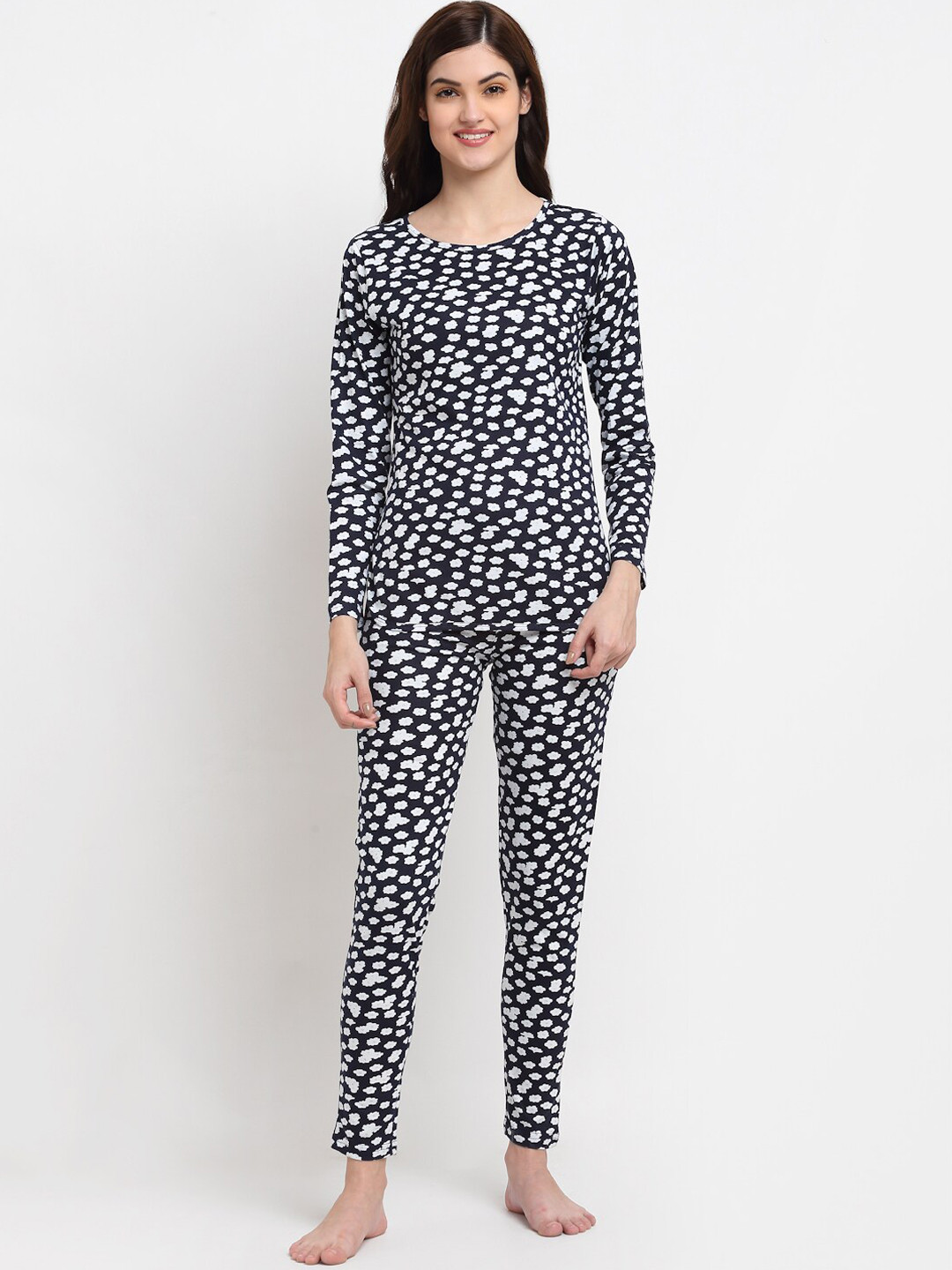 

Boston Club Women Navy Blue & White Printed Night suit