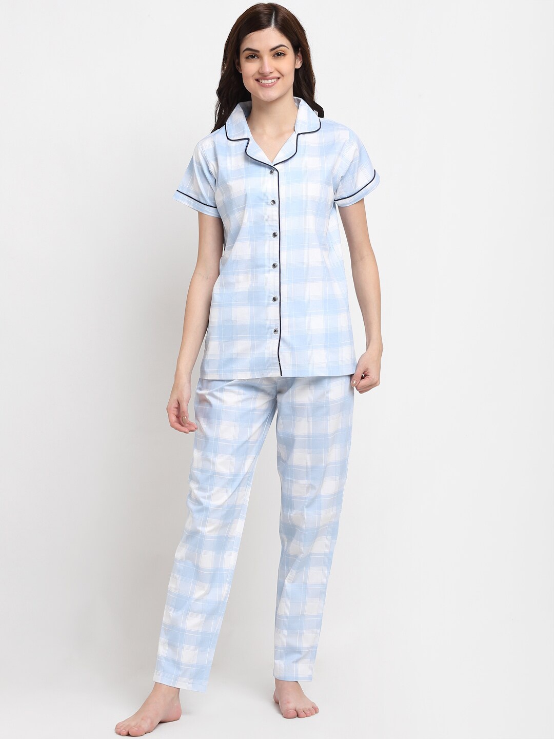 

Boston Club Women White & Blue Checked Night suit