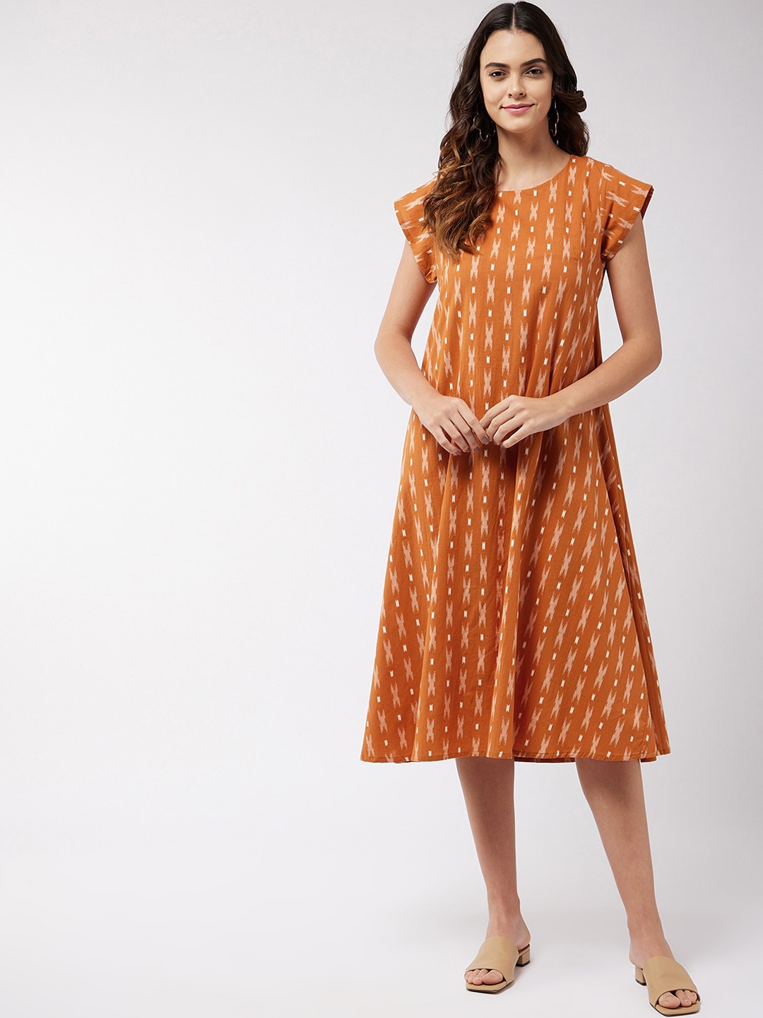 

InWeave Copper-Toned Ikkat Printed A-Line Midi Dress