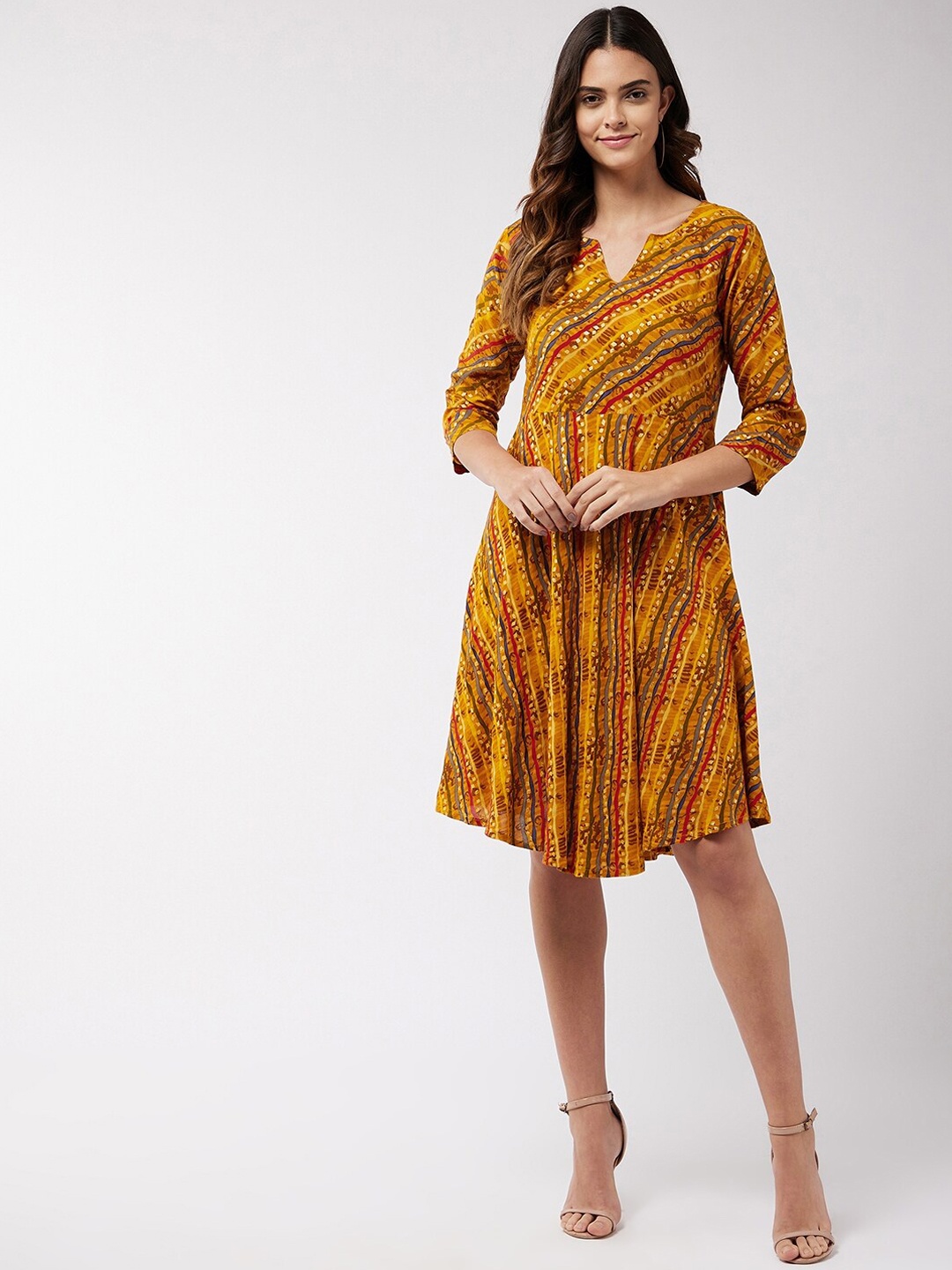 

InWeave Yellow Leheriya Print A-Line Dress