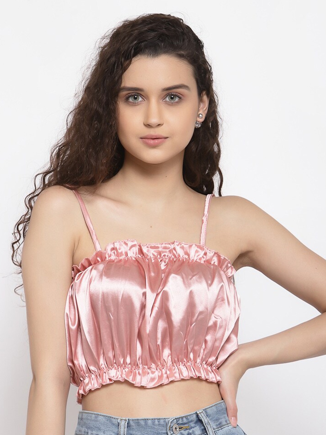 

iki chic Pink Ruffle Pleated Regular Crop Top