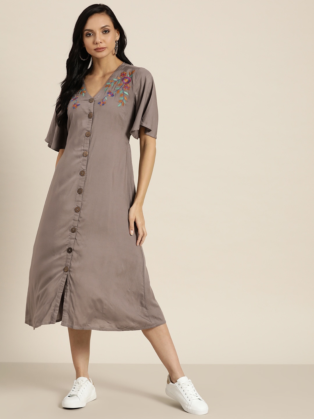 

Sangria Taupe A-Line Midi Dress with Flared Sleeves