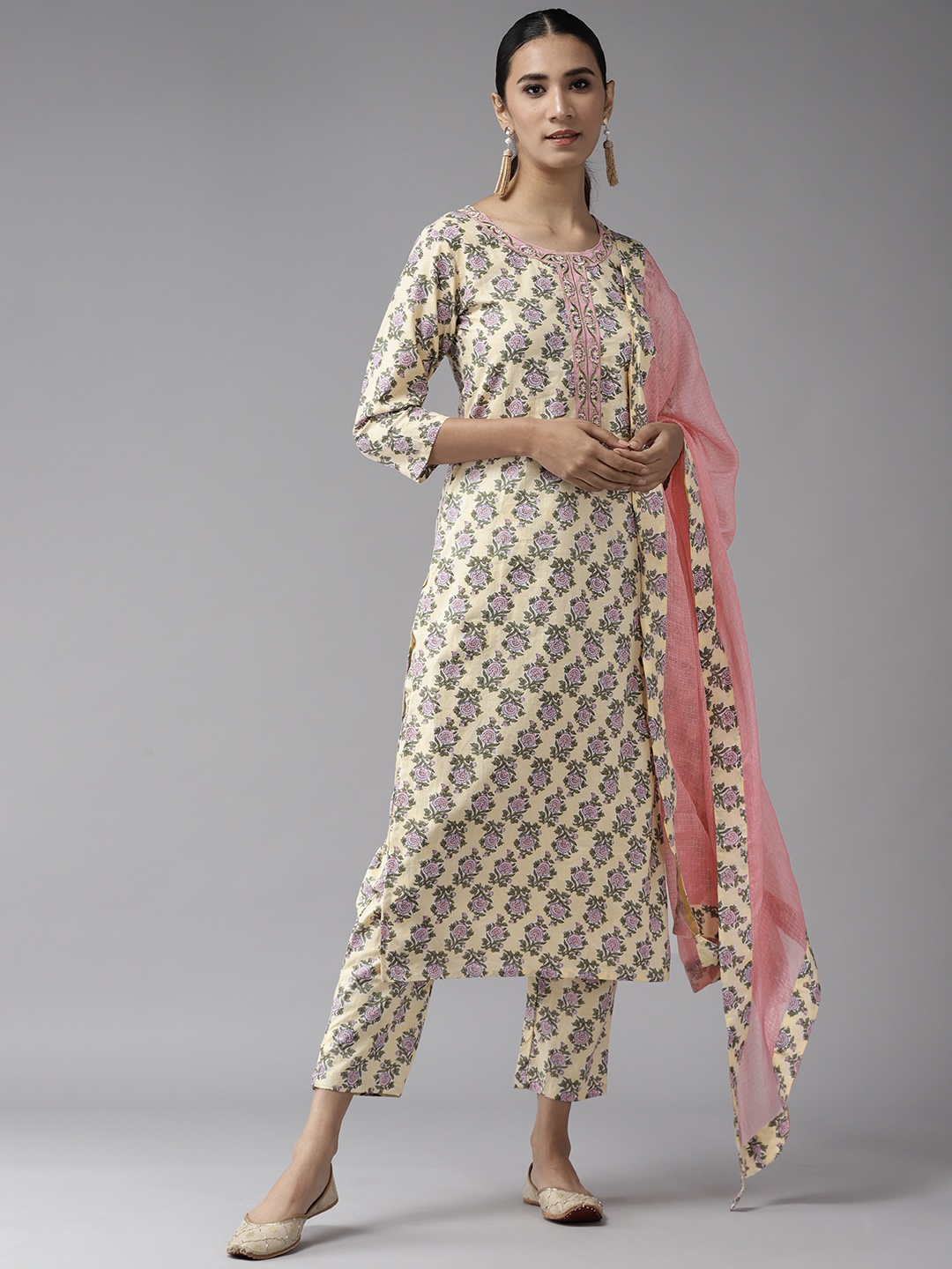 

Yufta Women Yellow & Green Floral Handblock Printed Cotton Kurta with Trouser & Dupatta