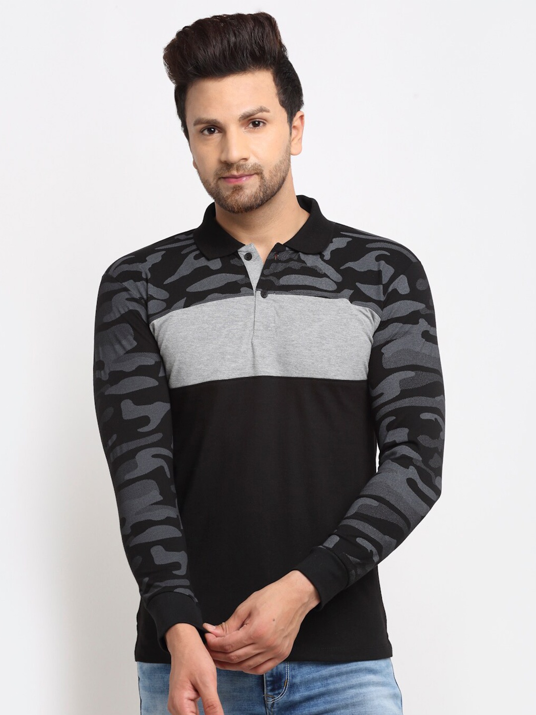 

WILD WEST Men Black & Grey Printed Polo Collar T-shirt