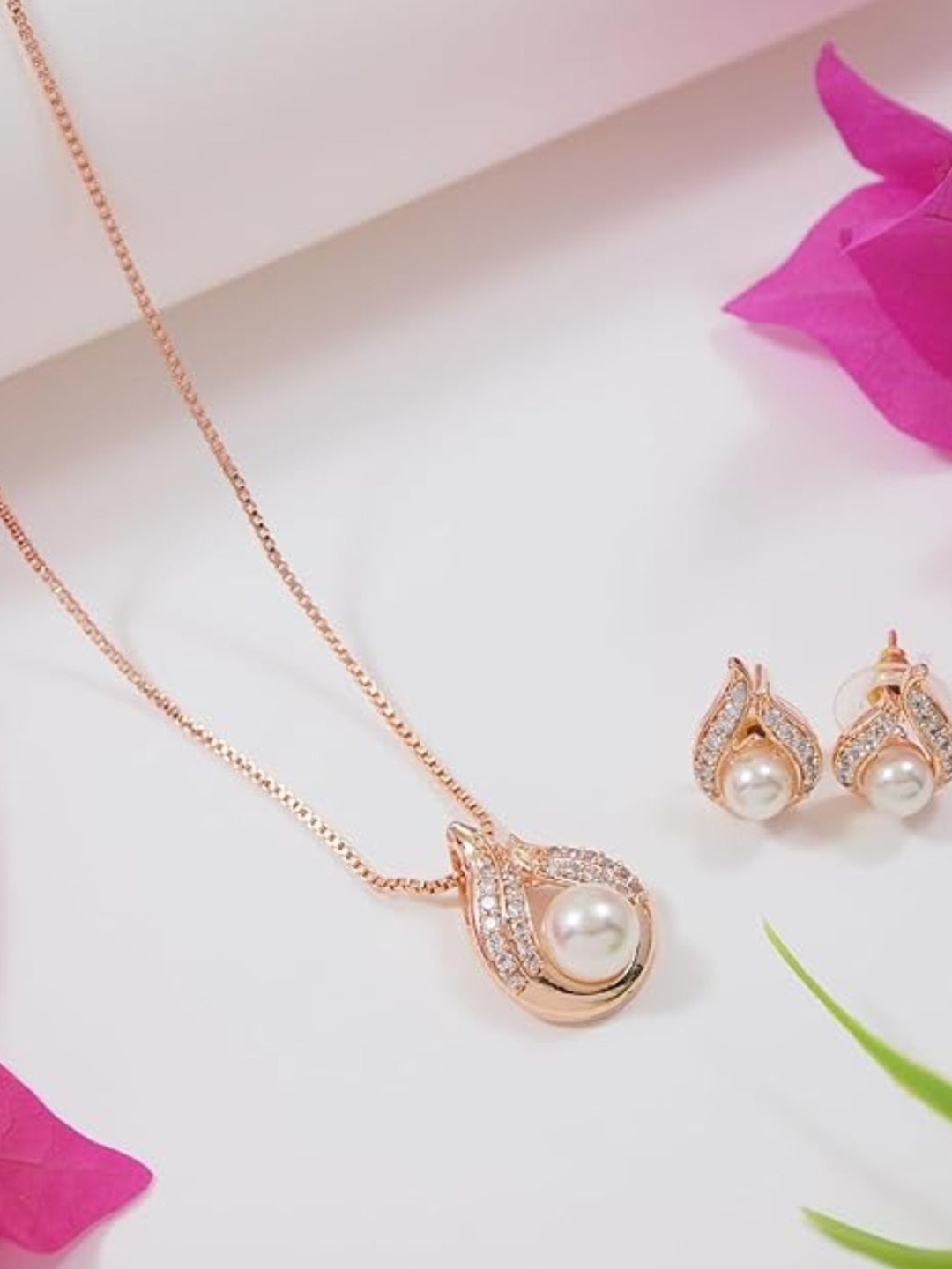 

I Jewels Rose Gold-Plated Pearl Stone Studded Jewellery Set