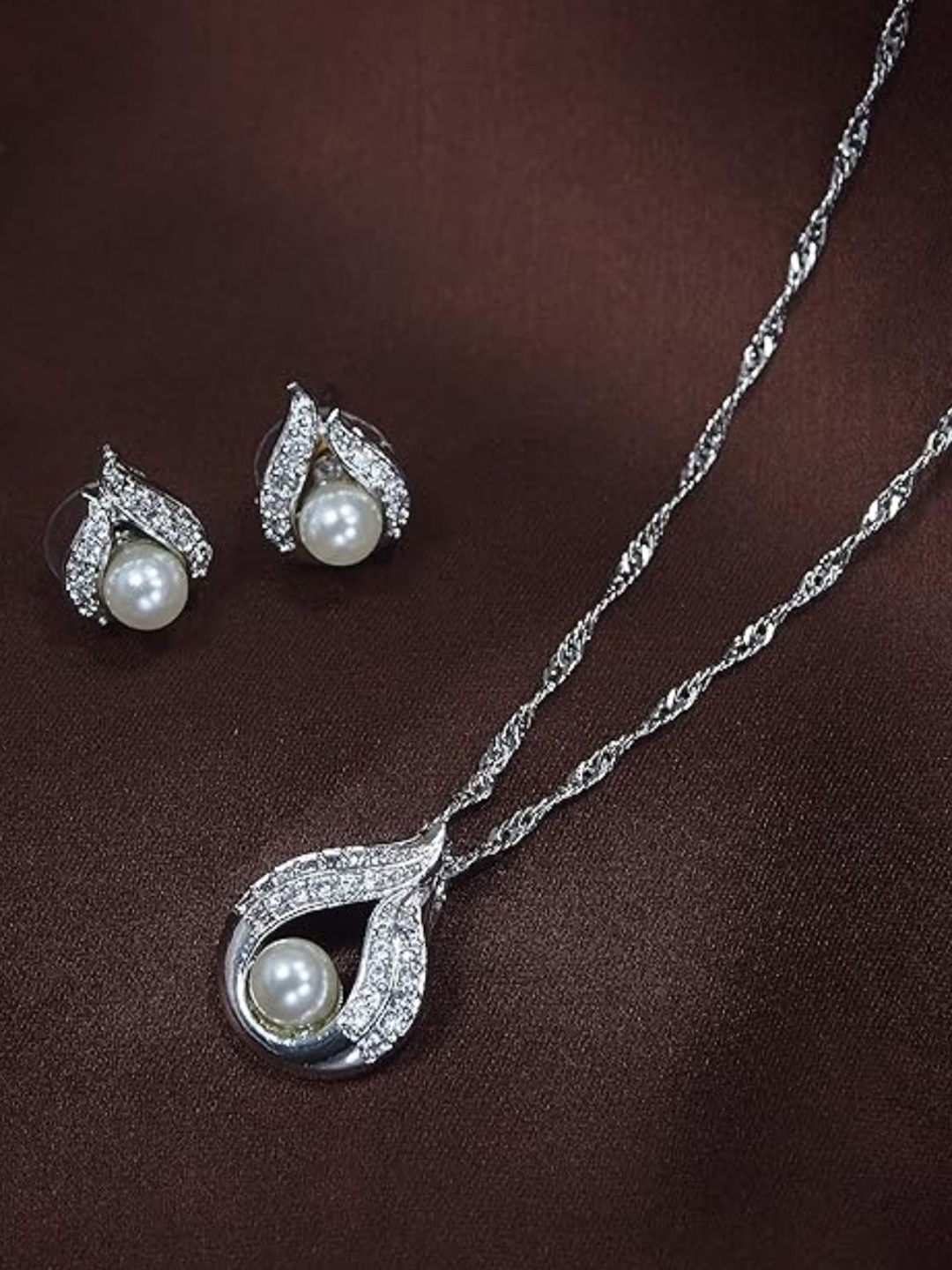 

I Jewels Rhodium-Plated Pearl Stone Studded Jewellery Set, Silver