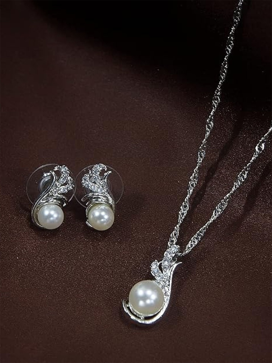 

I Jewels Rhodium-Plated Pearl Stone Studded Jewellery Set, Silver
