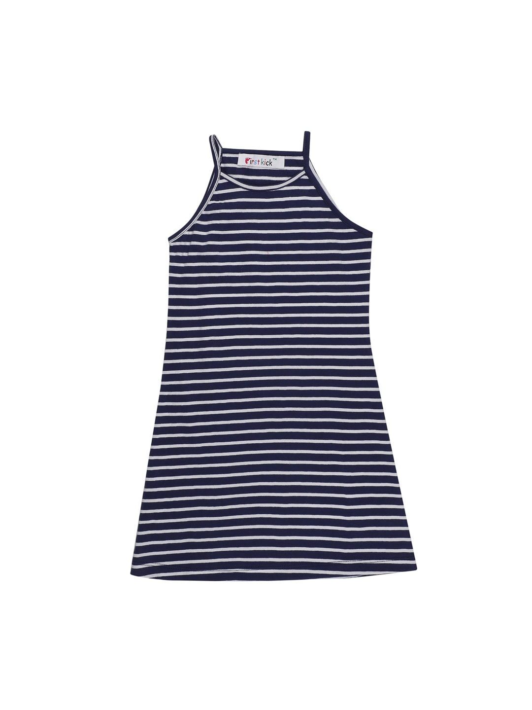 

First Kick Navy Blue & White Striped A-Line Cotton Dress