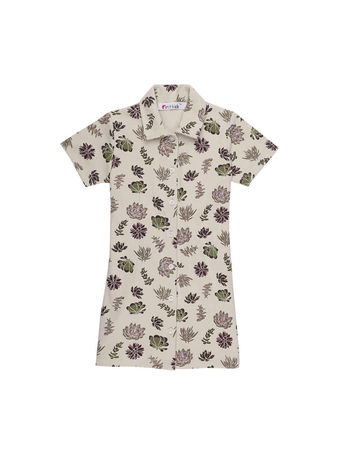 

First Kick Girls Beige & Green Floral T-Shirt Dress