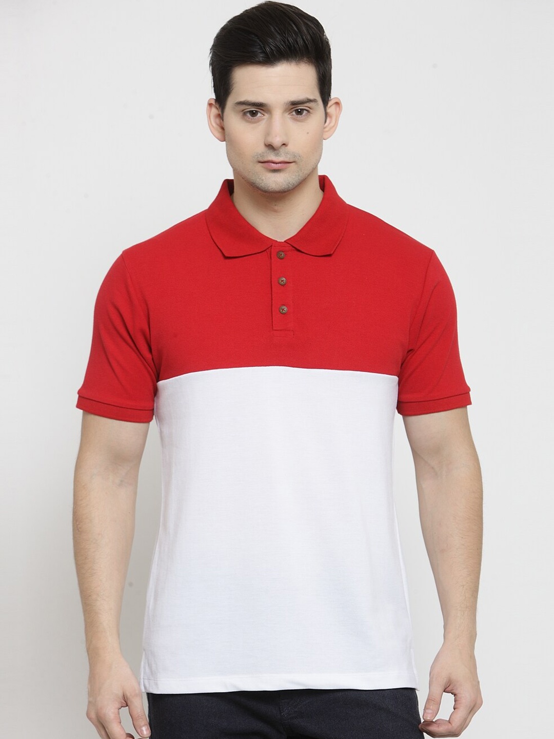 

Kalt Men Red & White Colourblocked Polo Collar T-shirt