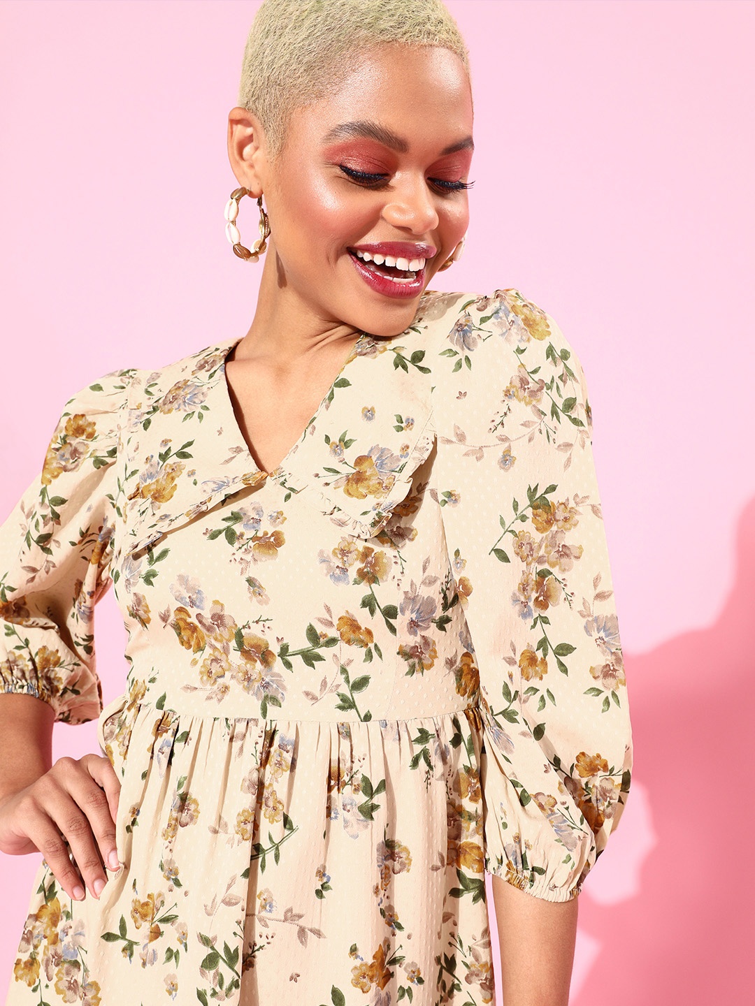 

Marie Claire Beige Floral Crepe A-Line Midi Dress