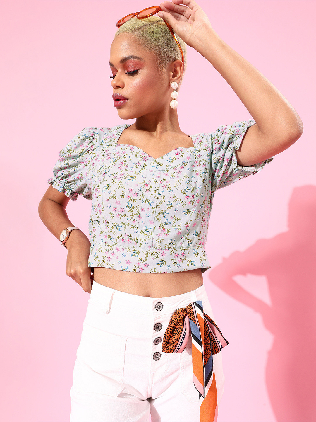 

Marie Claire Women Blue Floral Sweetheart Neckline Top