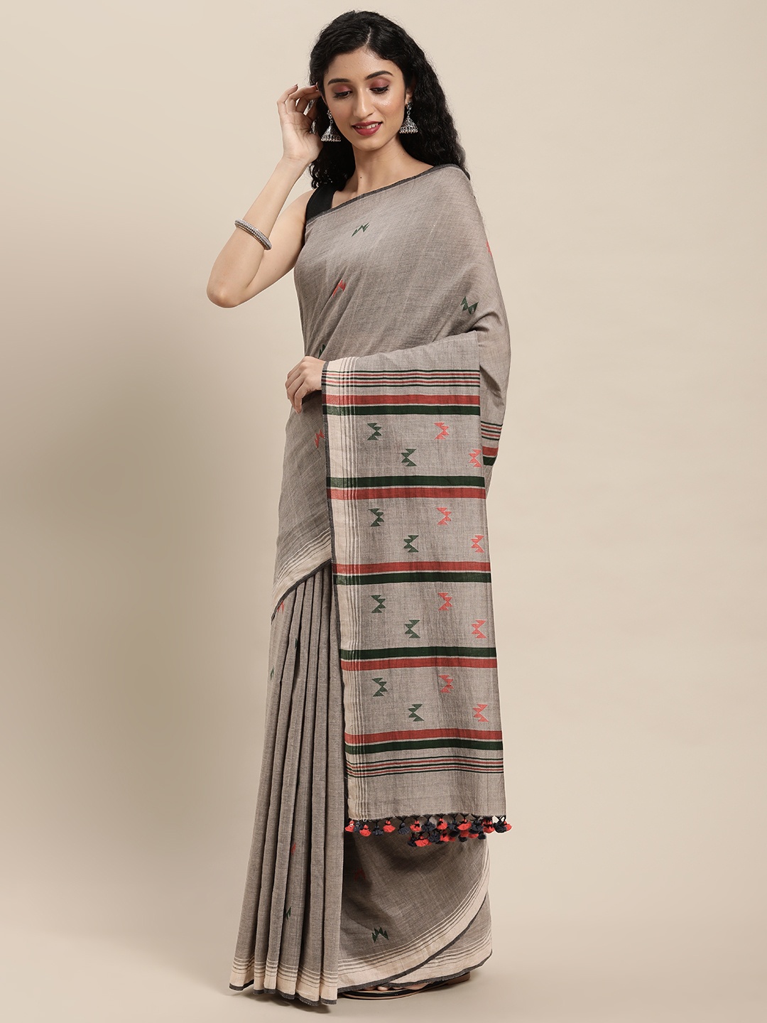 

ArtEastri Grey & Green Woven Design Pure Cotton Handloom Jamdani Saree
