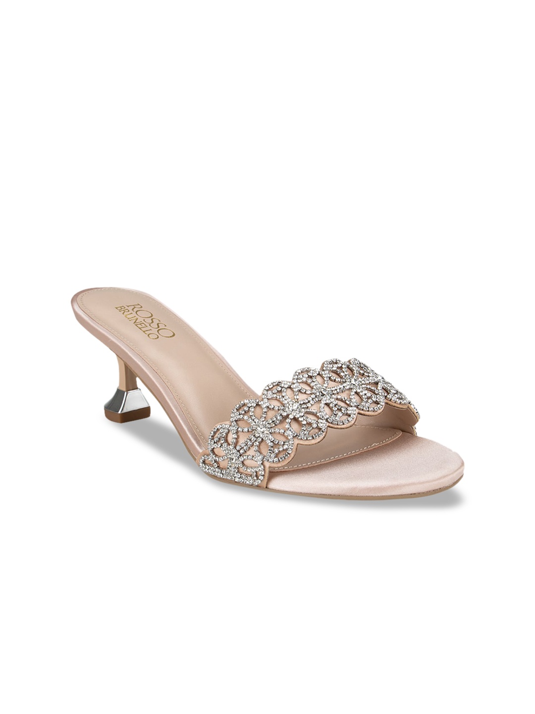 

ROSSO BRUNELLO Beige & Silver-Toned Leather Ethnic Embellished Kitten Sandals