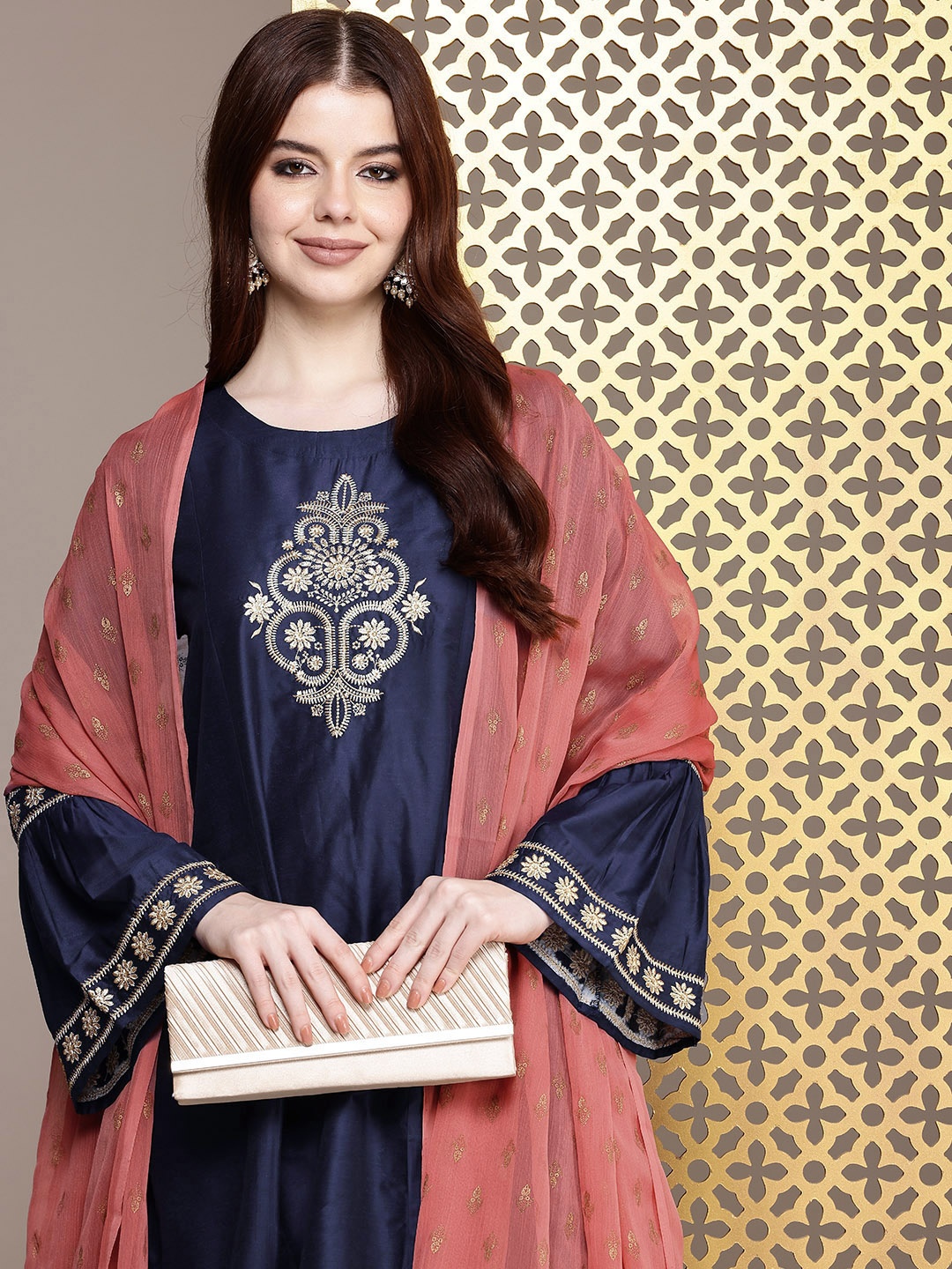 

House of Pataudi Women Jashn Ethnic Motifs Zari Work Kurta With Palazzos & Dupatta, Navy blue