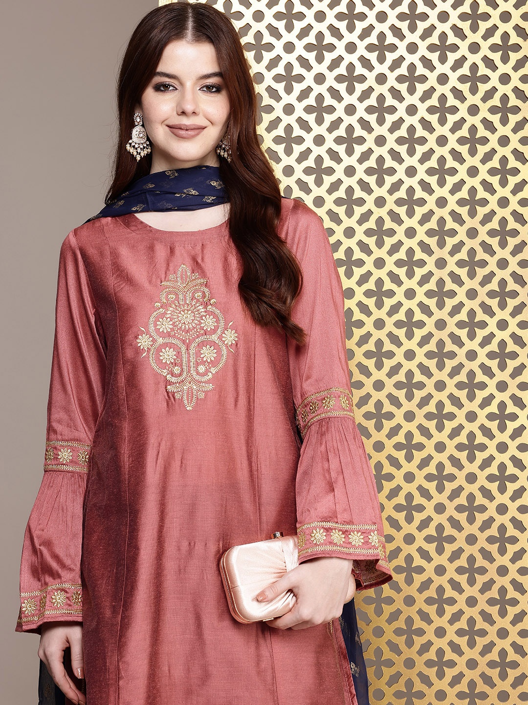 

House of Pataudi Women Jashn Ethnic Motifs Zari Work Kurta With Palazzos & Dupatta, Mauve