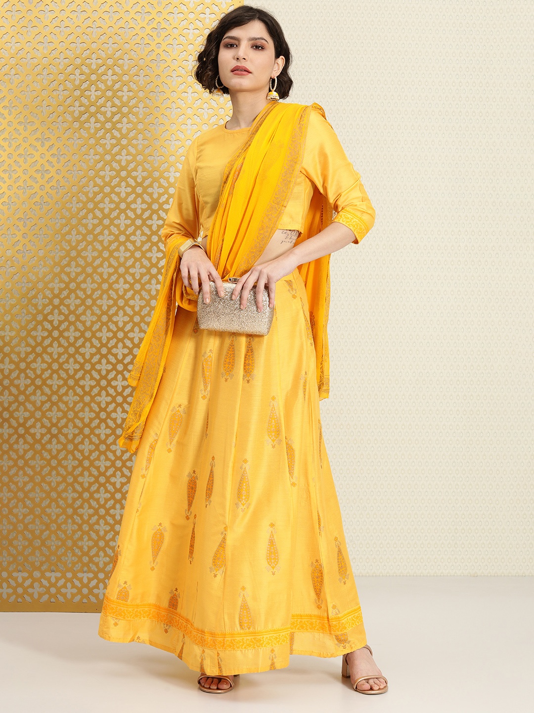 

House of Pataudi Women Yellow Ethnic Motifs Blouse with Skirt & With Dupatta