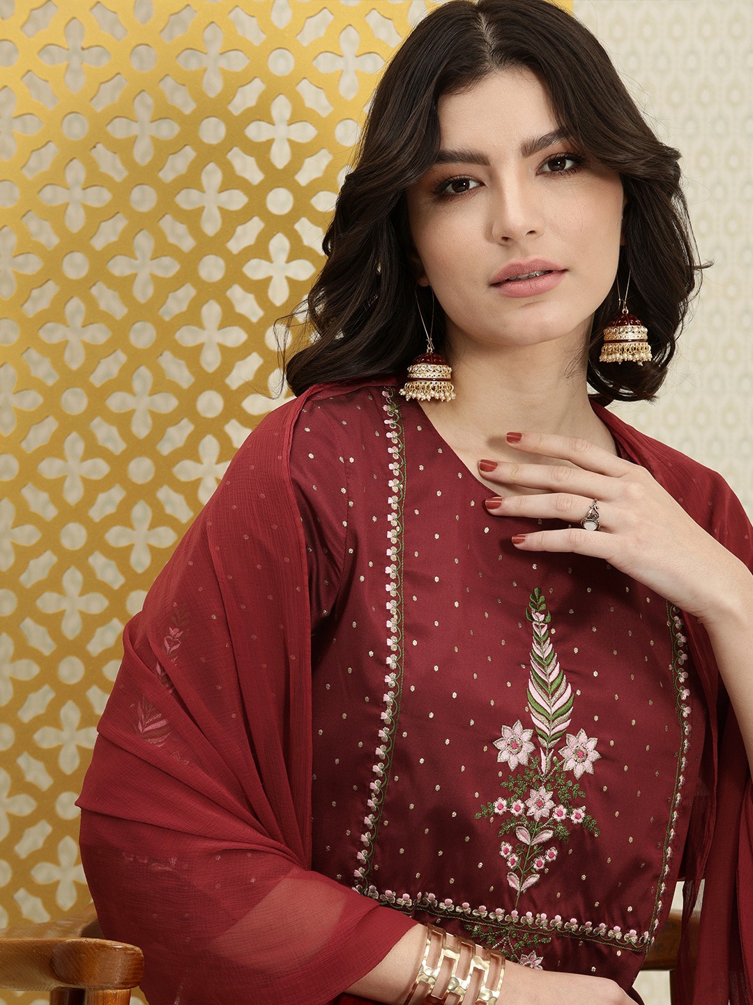 

House of Pataudi Women Maroon Floral Printed Jashn Kurta Set