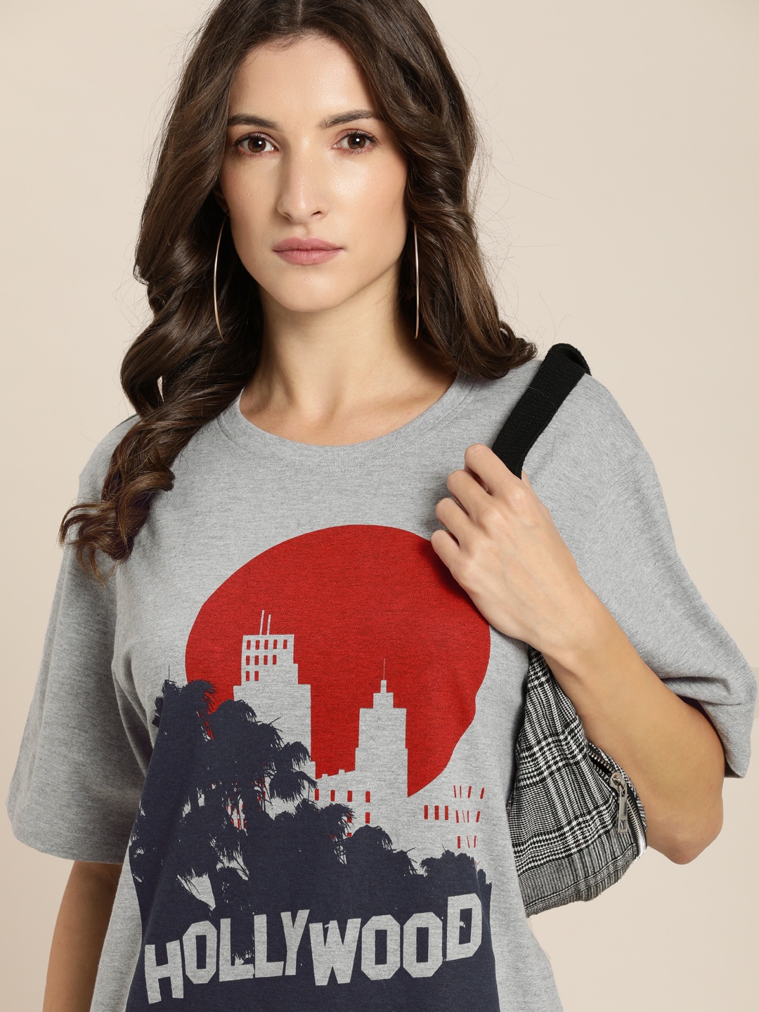 

Difference of Opinion Women Grey Melange Graphic Printed Oversized T-shirt