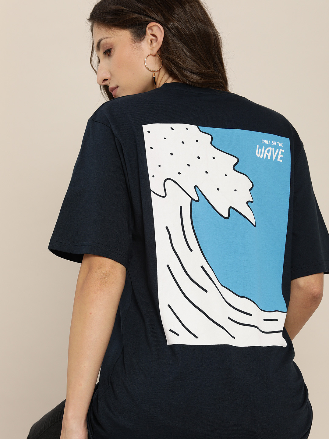 

Difference of Opinion Women Navy Blue Solid Pure Cotton Oversized T-shirt