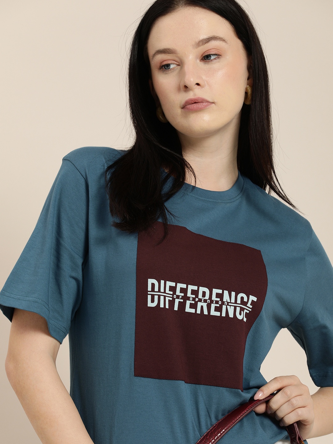 

Difference of Opinion Women Blue Typography Printed Oversized T-shirt