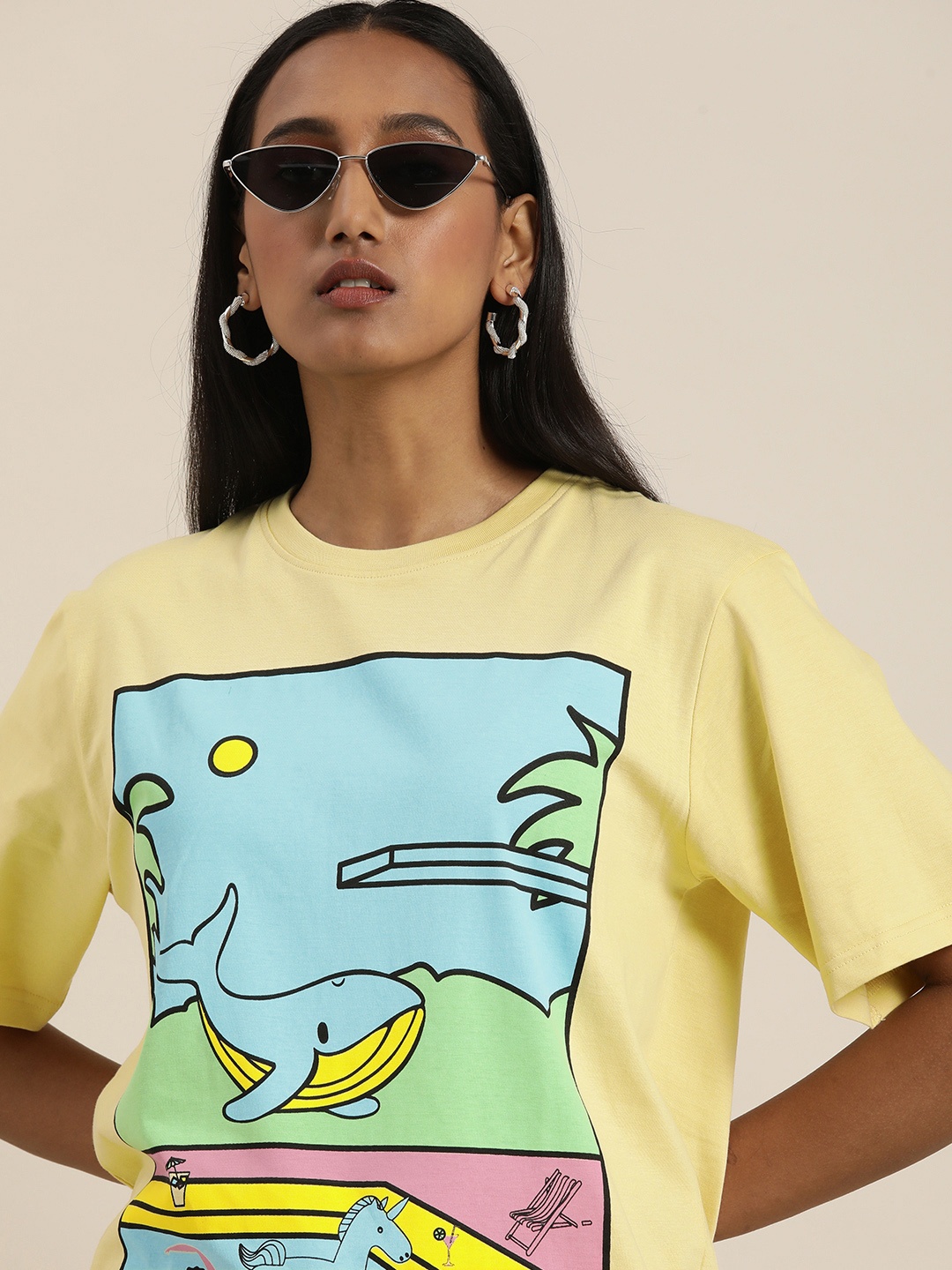

Difference of Opinion Women Yellow Oversized Printed Oversized T-shirt