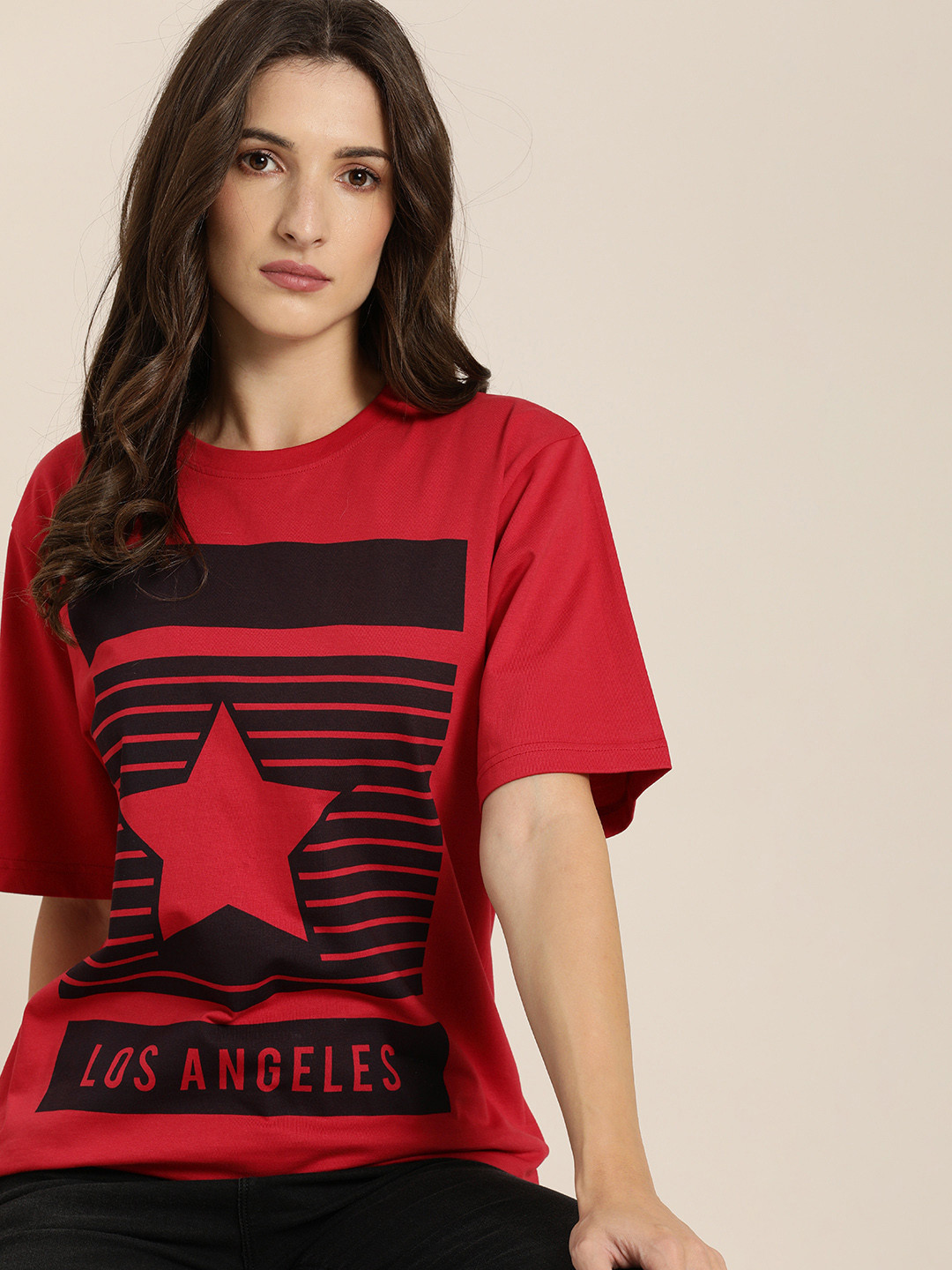 

Difference of Opinion Women Red Graphic Printed Oversized T-shirt