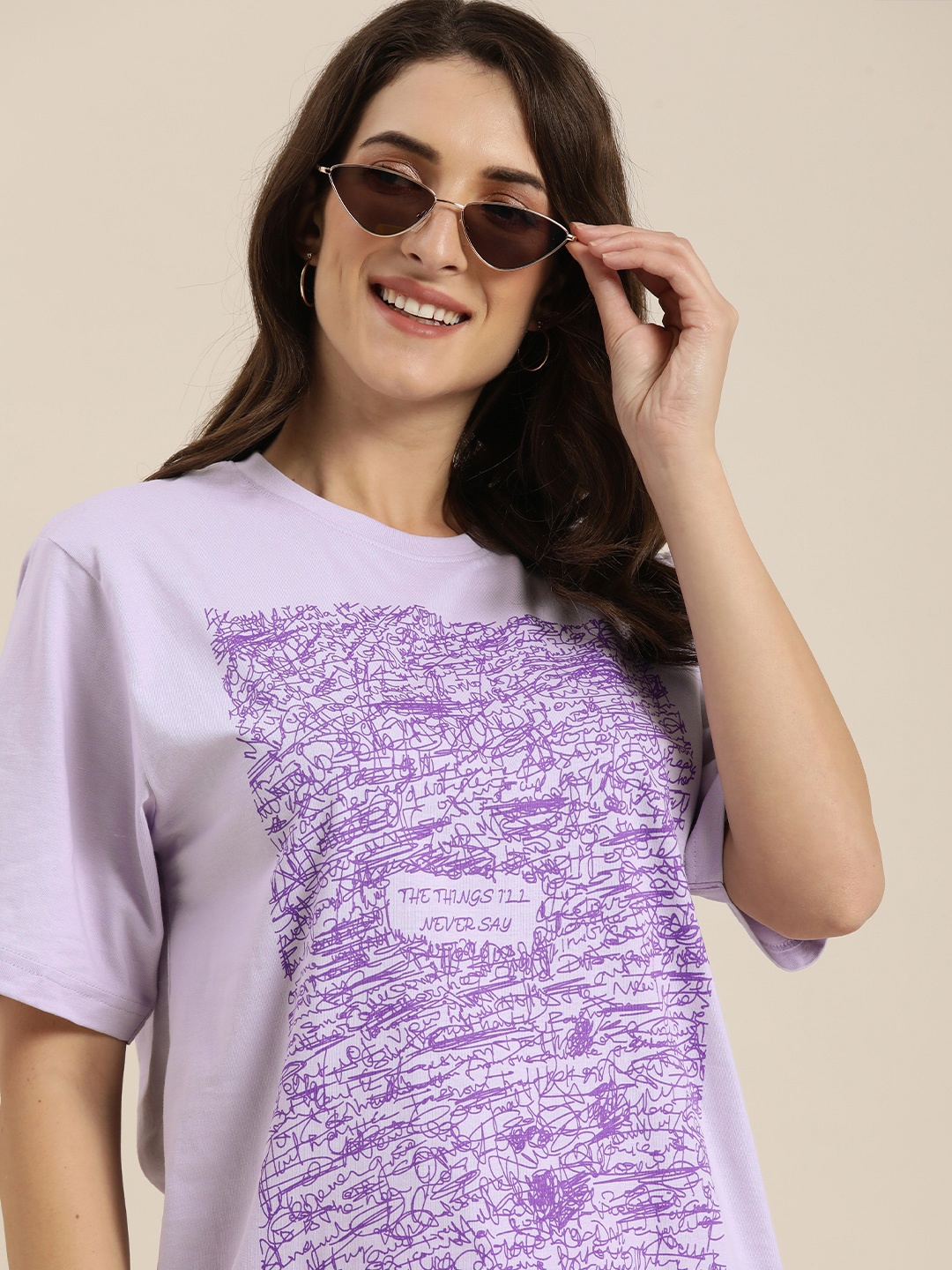 

Difference of Opinion Women Lavender Printed Oversized T-shirt