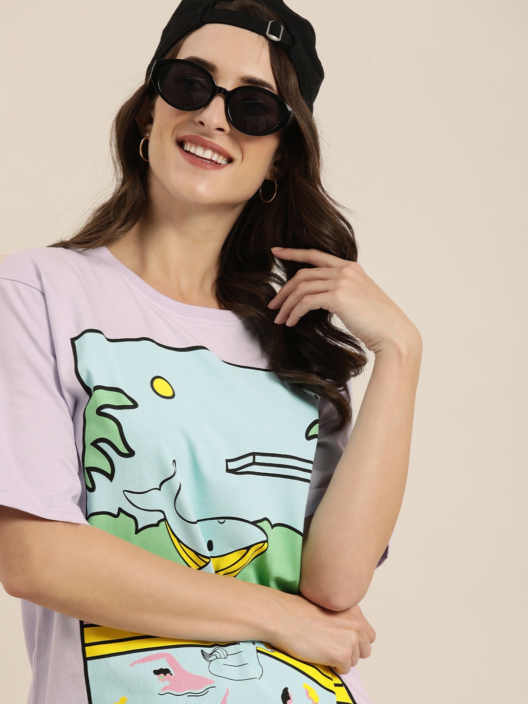 

Difference of Opinion Women Lavender Graphic Printed Pure Cotton Oversized T-shirt