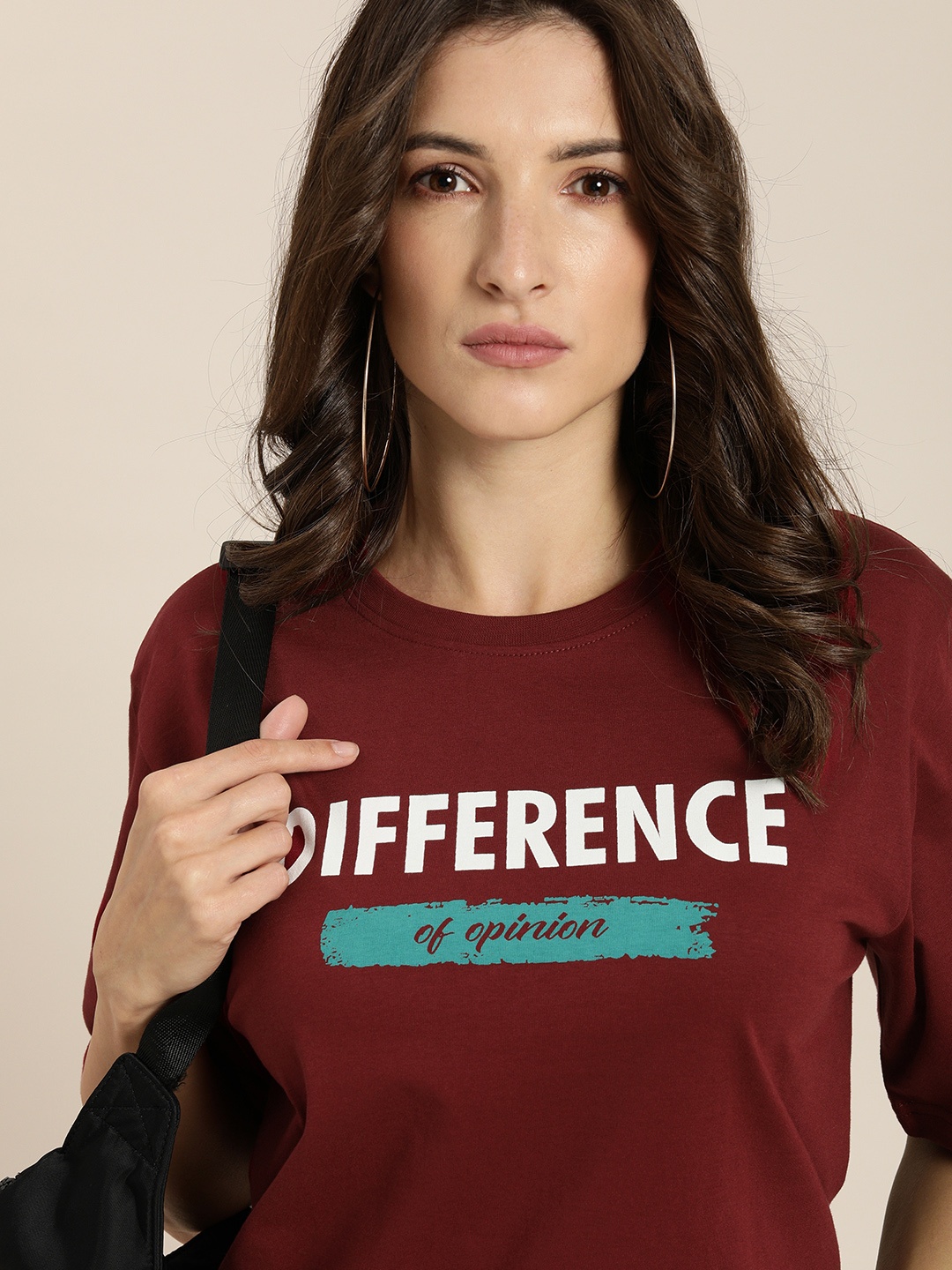

Difference of Opinion Women Maroon Typography Printed Cotton Oversized T-shirt