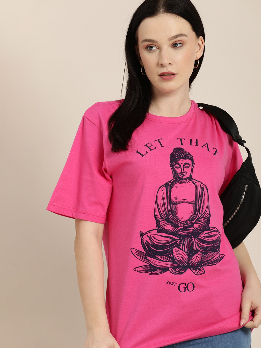 

Difference of Opinion Women Pink Black Printed Extended Sleeves Oversized T-shirt